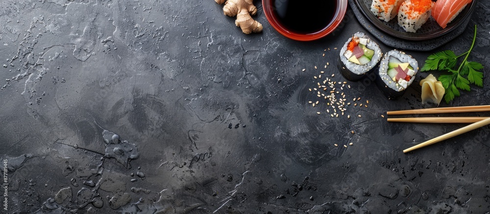 Fototapete A sushi arrangement on a dark slate background complemented by soy sauce ginger and chopsticks with room for a text or image. with copy space image. Place for adding text or design