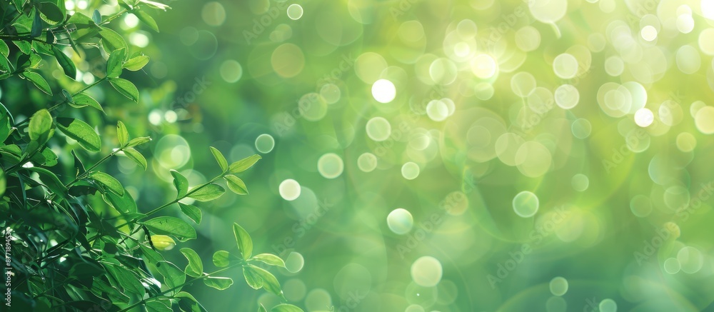 Poster soft green bokeh lights illuminating a gradient green background with white copy space image