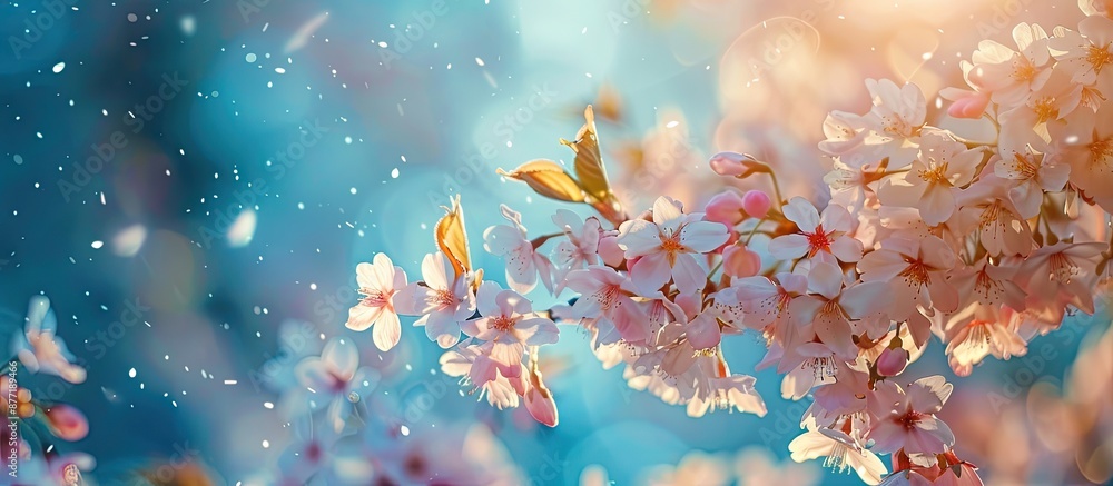 Aufkleber close up view of spring cherry blossoms against a blue backdrop with copy space image available