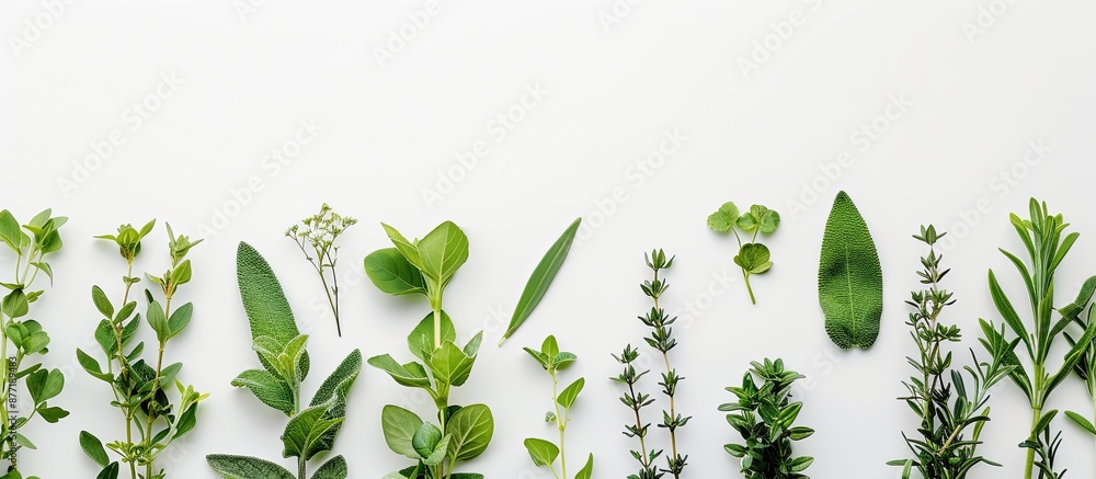 Poster top view of fresh herbs for phytotherapy displayed on a white background with space for text or imag