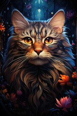 Psychedelic cat with striped standard, generative IA