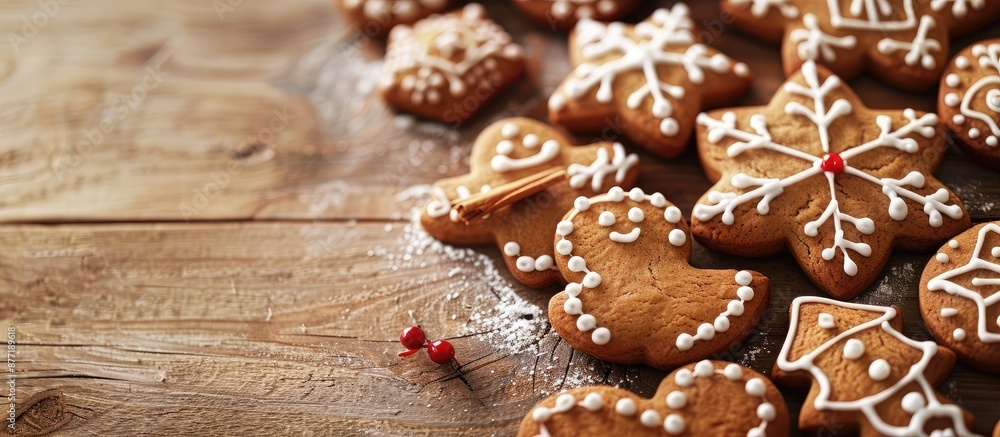 Aufkleber Close up of various decorated gingerbread cookies on a wooden surface set against a festive Christmas or winter backdrop with copy space image