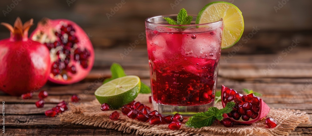 Poster Glass with a pomegranate drink lime slices and mint on a colorful wooden surface with burlap fabric underneath providing a refreshing copy space image
