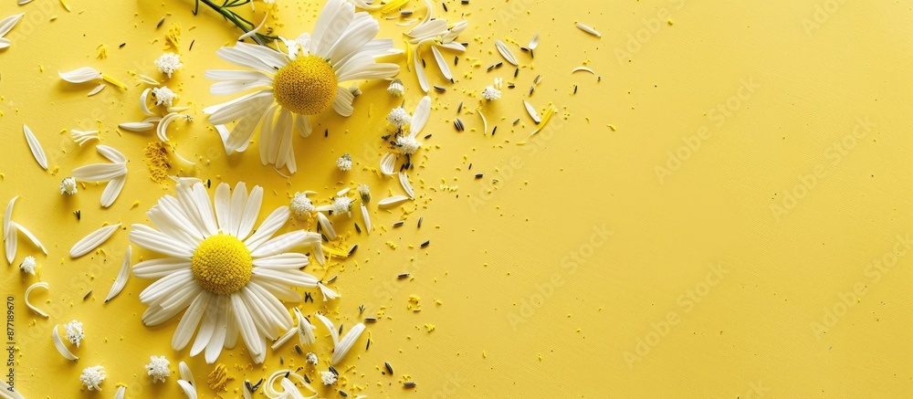 Poster chamomile flower and petals in a composition on a yellow backdrop with copy space image
