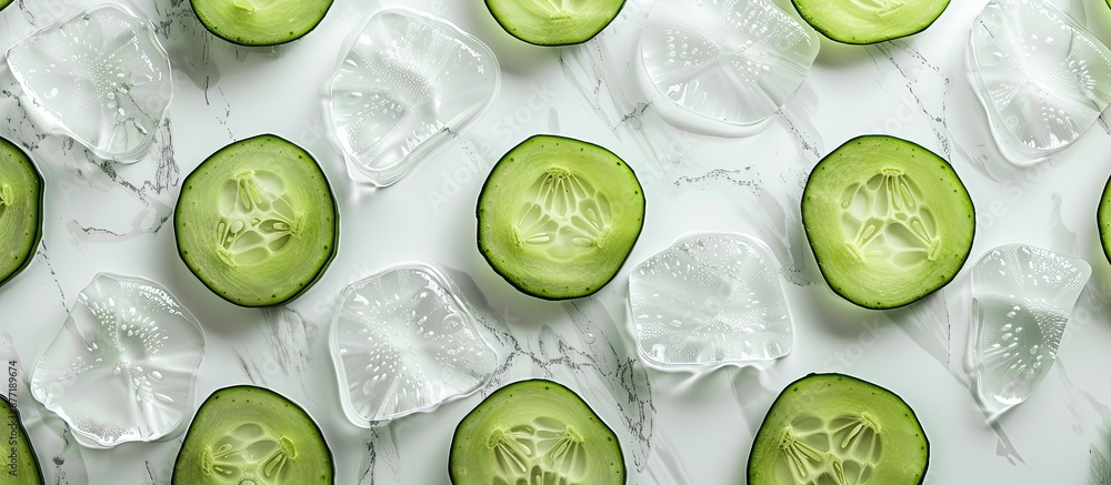 Poster a top view shot portraying a pattern of sliced green cucumbers on a clear glass surface creating a v