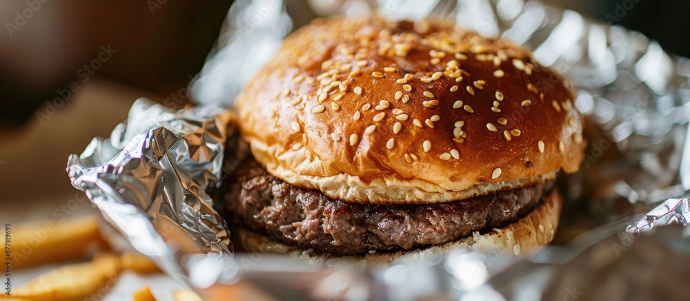 Leinwandbilder Close up image of a large beef hamburger in foil packaging with copy space image