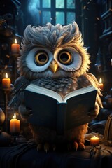 The cute owl is holding a cartoon of a magic book, generative IA
