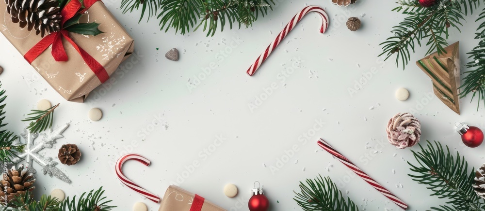 Poster festive holiday arrangement featuring a present evergreen branches and sweets on a blank white backd