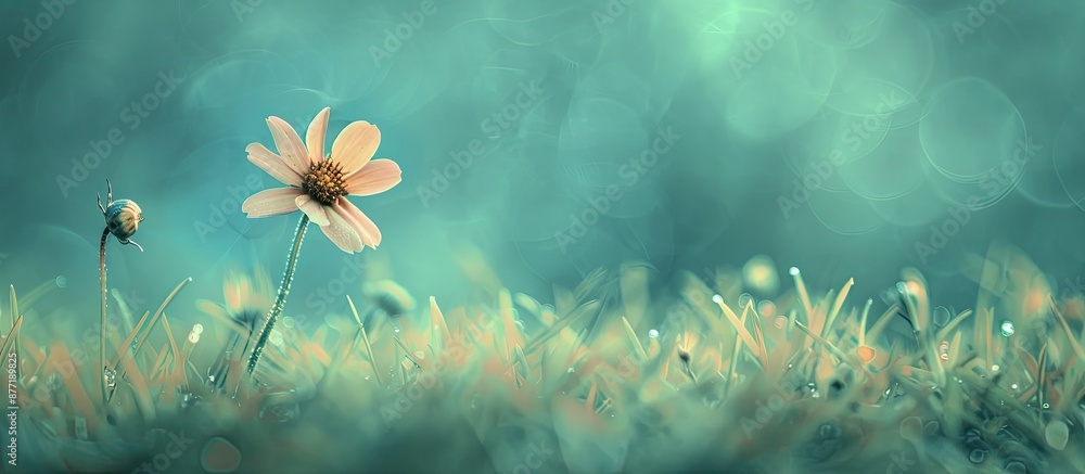 Aufkleber a small flower on grass with a nostalgic flair against a blue backdrop with focus on the flower and 