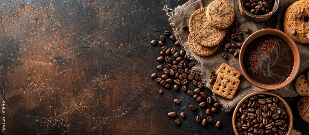 Leinwandbilder Dark coffee beans with cookies cakes and bread displayed in a cafe setting on a dark surface with copy space image