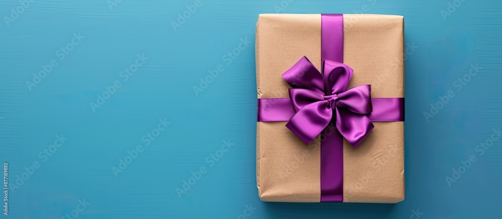 Poster Top view of a gift box wrapped in paper with a purple ribbon displayed on a colored table with a blue background for a copy space image