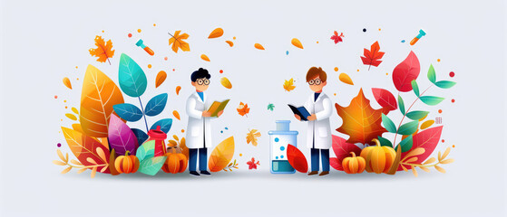 Fototapeta premium Autumn science experiments, classroom activities, flat design concept.