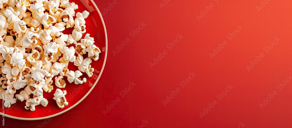Aufkleber close up photo of a plate with popcorn on a red background providing copy space image