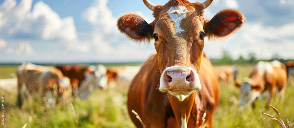 Poster A close up image of a Simmental cow in a pasture with other cows providing ample copy space for text or graphics