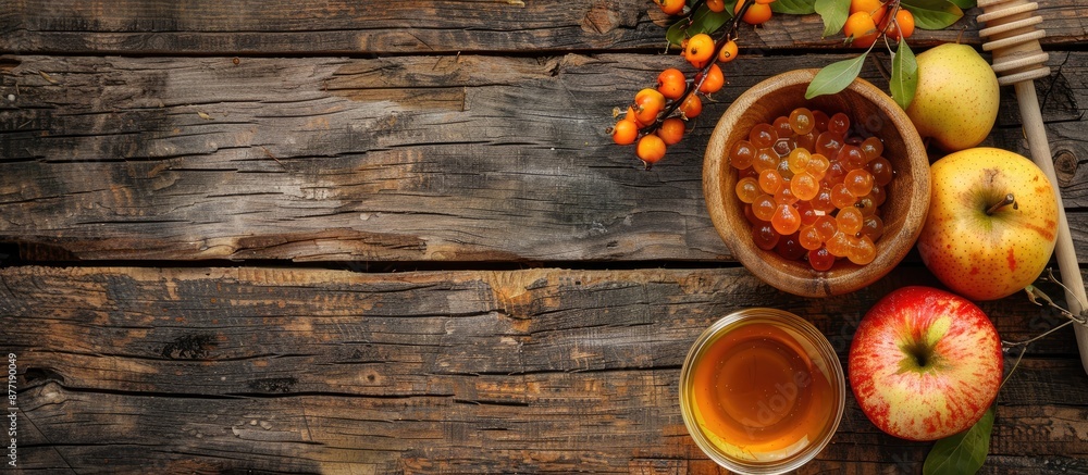 Aufkleber wooden table with an arrangement of sea buckthorn honey rowan apple and pear in a wooden bowl top vi