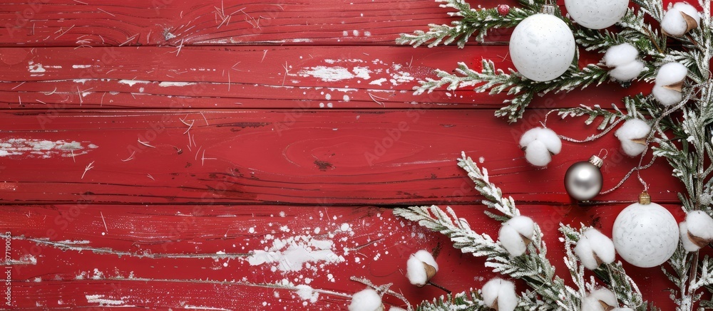Poster copy space image of christmas decor on a rustic red wood background adorned with white ornaments and