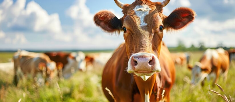 A close up image of a Simmental cow in a pasture with other cows providing ample copy space for text or graphics
