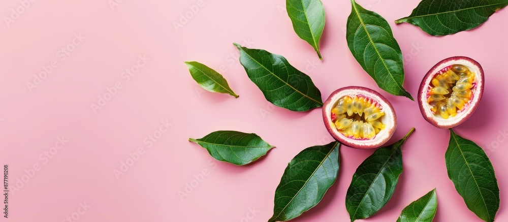 Poster passion fruit halves and green leaves on a pink backdrop for a flat lay composition with room for te