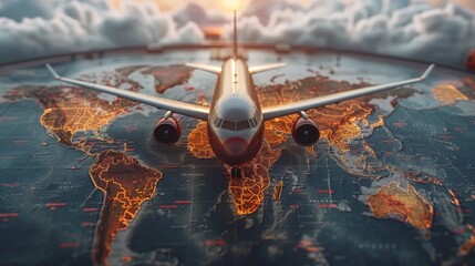 Obraz premium A commercial airplane flies above a world map highlighted with glowing orange lines representing international routes for global delivery services.