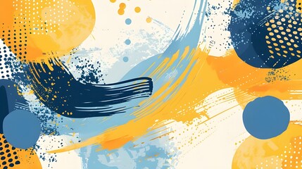 Abstract artistic background featuring dots, lines, organic shapes, and strong brushstrokes. a background design that is modern and current. Blue and yellow hues.