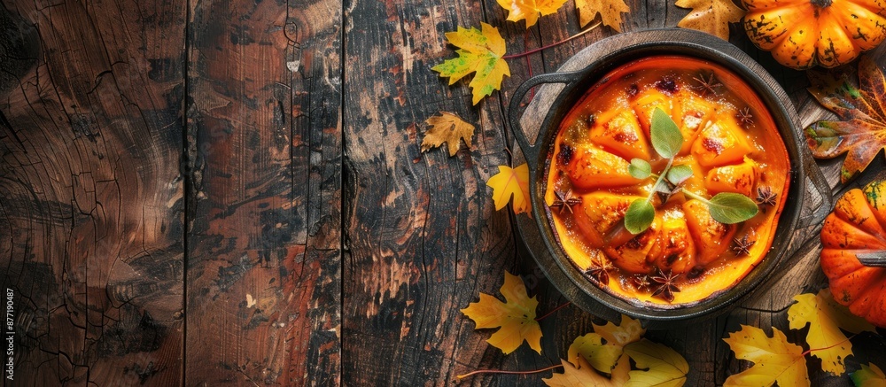 Poster traditional fall treat of grilled pumpkin served warm as dessert on a rustic table with yellow leave