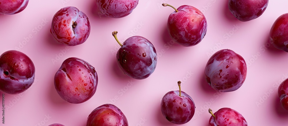 Aufkleber Plump ripe plums scattered on a soft pink background with gentle lighting creating a captivating copy space image