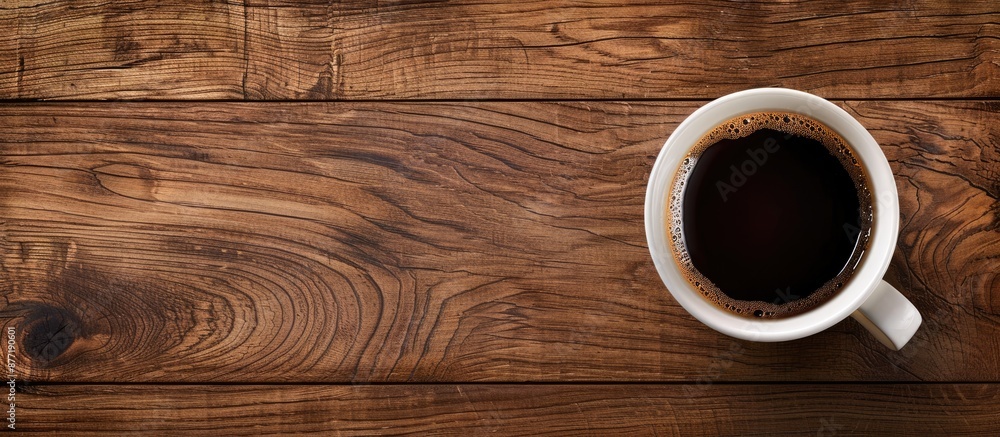 Leinwandbilder Top view of a cup of coffee displayed on a wooden surface with empty space for additional images