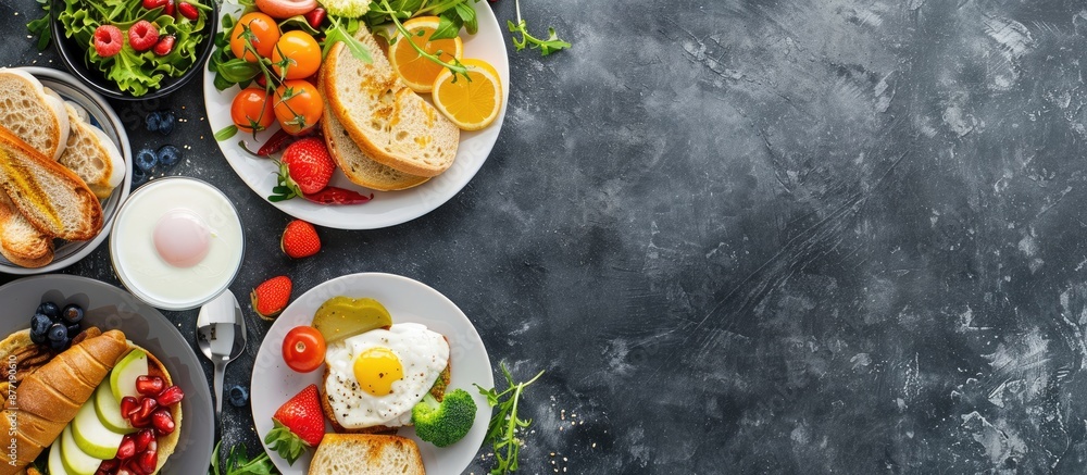 Fototapete view from above of nutritious meals for breakfast lunch and dinner with dietary value showcased in a