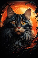 Vector illustration of a cat head in a dark retro style, generative IA