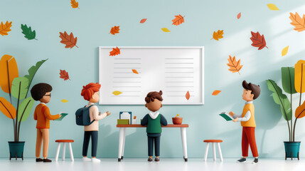 Autumn classroom with students learning among leaves, flat design vector