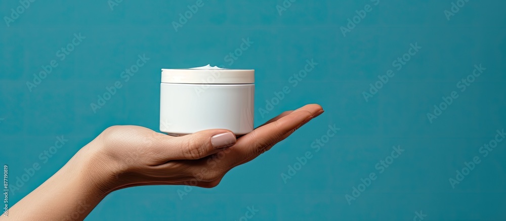 Poster a woman s hand holds a cosmetics jar against a blue background leaving room for text or images. with