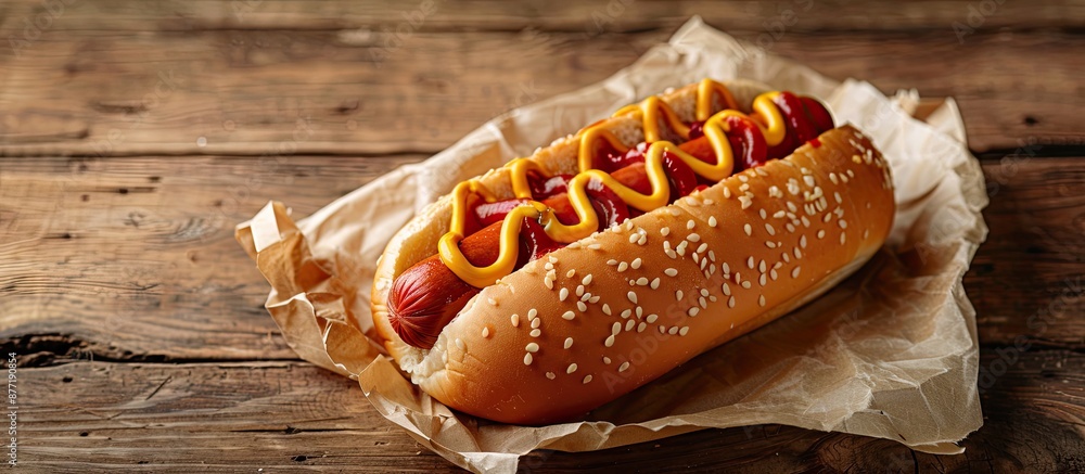 Aufkleber close up image of a delicious hot dog on a wooden table with copy space image available