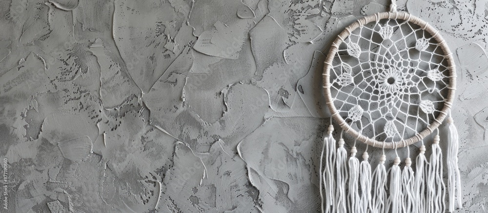 Poster Close up of a white crochet dream catcher against a textured gray surface resembling concrete with space for text in the image. with copy space image. Place for adding text or design