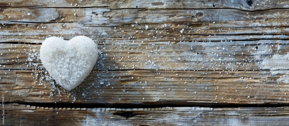 Poster heart shaped sugar decoration displayed on a weathered wooden surface with copy space image