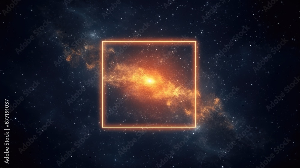 Poster abstract of mysterious geometric shape portal or frame with nebula light release particle or plasma 
