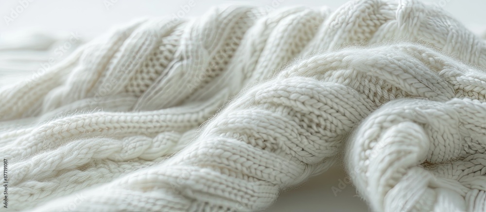 Poster white knitted wool item on white backdrop perfect for autumn or winter ambiance with available copy 