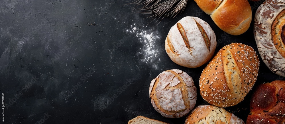 Poster various types of freshly baked homemade bread displayed in a top view arrangement with a backdrop fo