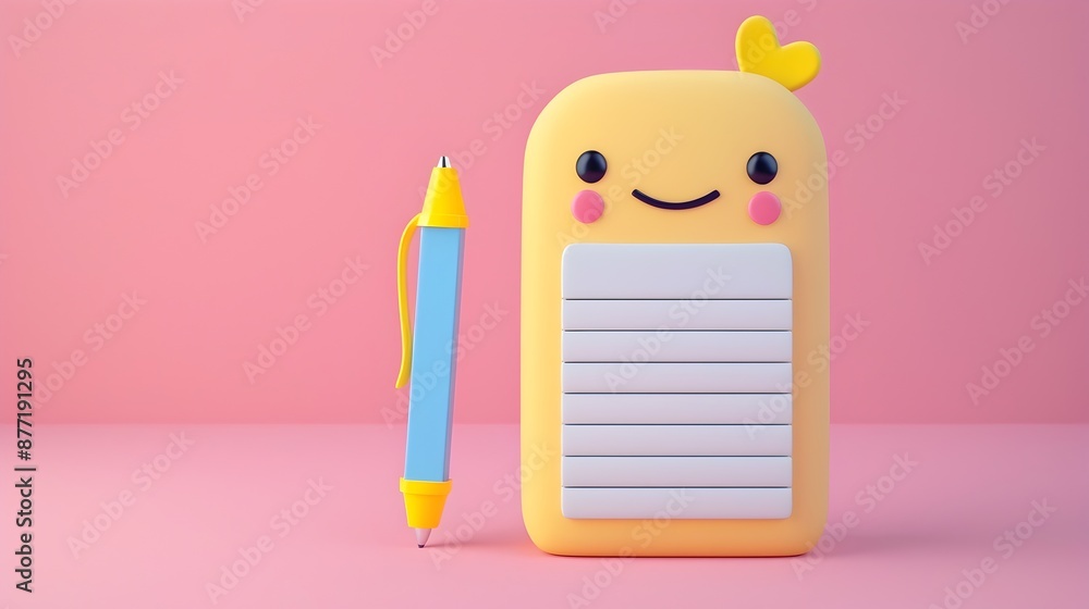 Aufkleber cute 3d rendering of smiling notepad with pen,business note-taking icon