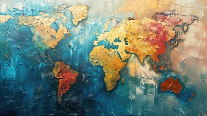 Colorful textured world map painting with abstract design