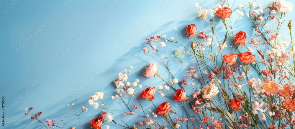 Fototapete Floral patterns in a spring theme with copy space image on a blue backdrop
