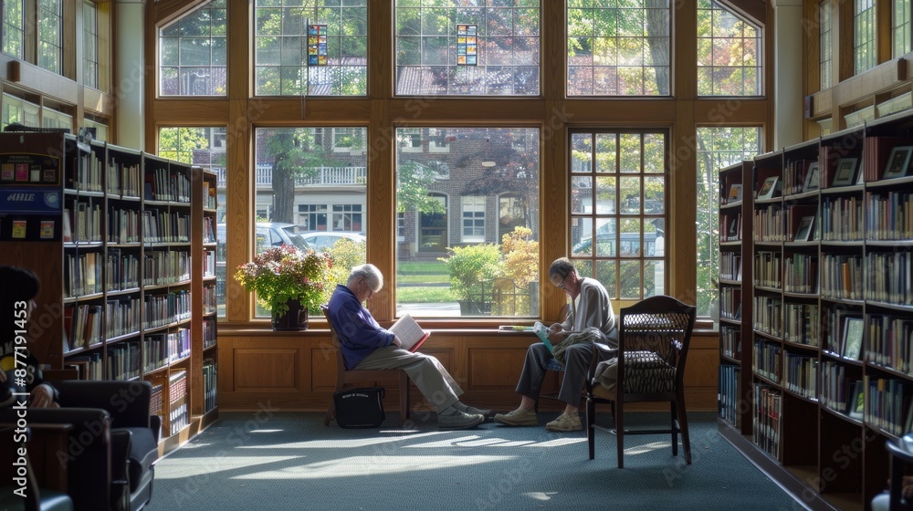 Poster background image of children reading a book at spacious public library with large windows and natura