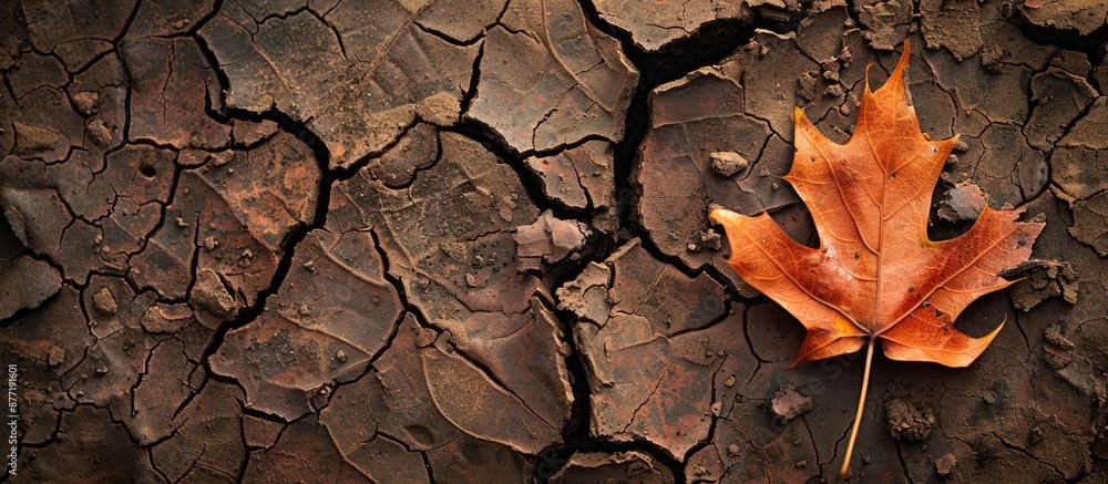 Poster Dry cracked mud with a leaf creating a rustic ambiance in a serene setting with the potential for adding text or images within the open space. with copy space image. Place for adding text or design