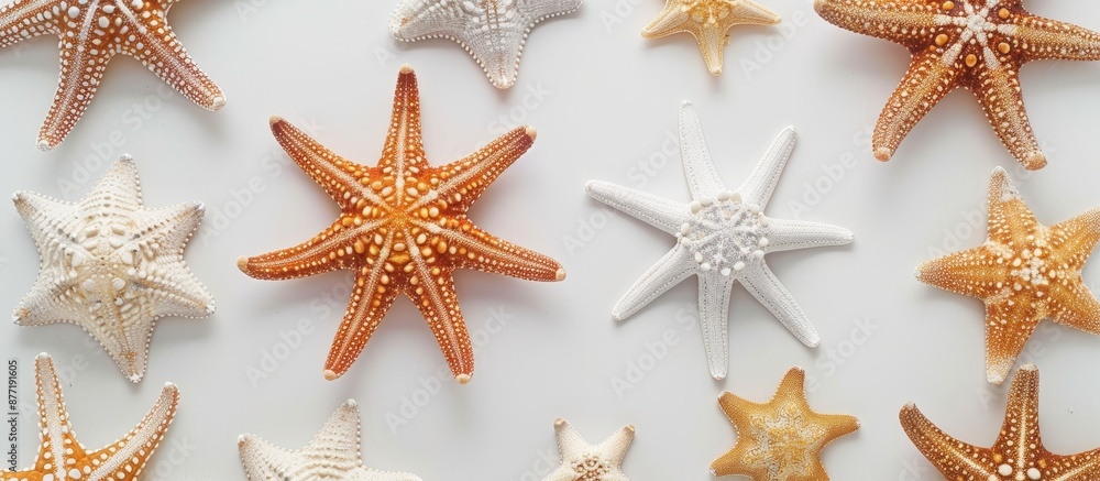 Poster Sea starfish arranged individually on a blank white surface with copy space image viewed from above