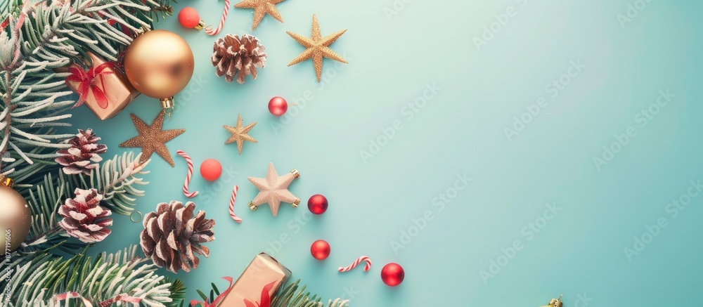 Aufkleber top down view of christmas decorations on a pastel colored background with copy space image