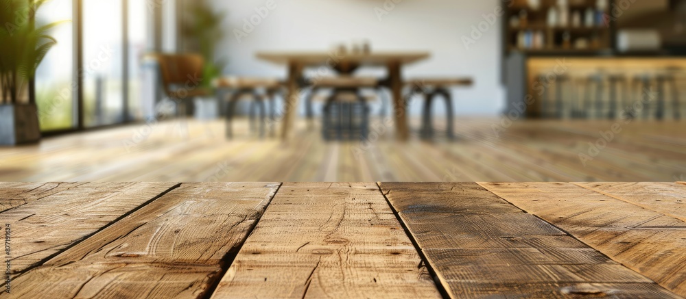 Poster empty copy space image on a wooden table with a blurred background in a room interior