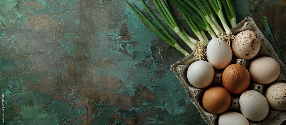 Leinwandbilder chicken eggs and green onions resting in an egg tray against an abstract grunge background with a co