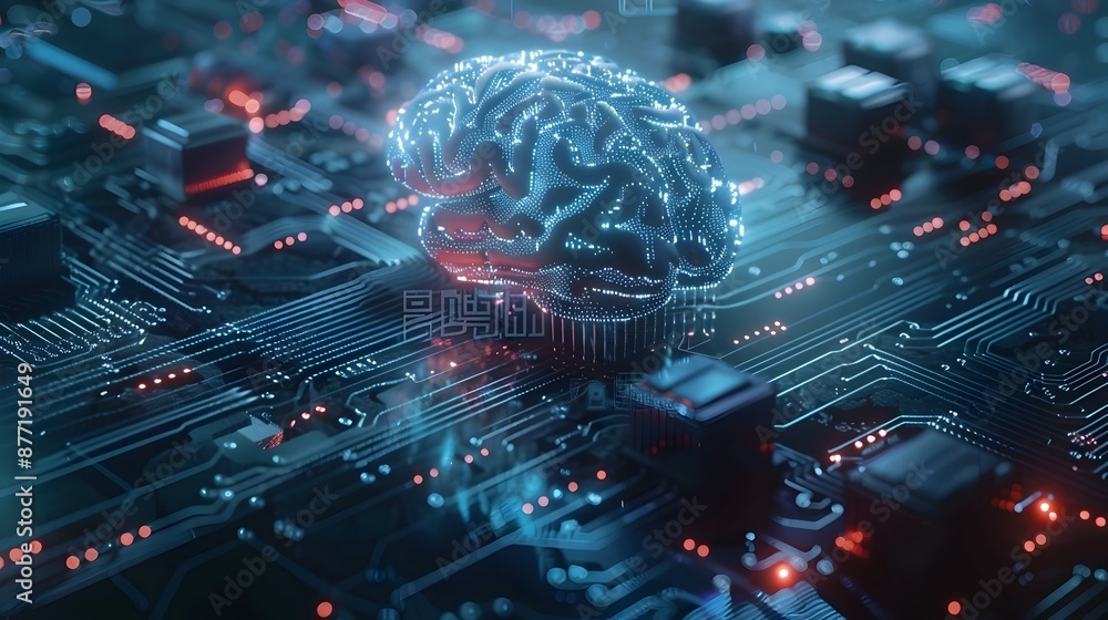 Poster futuristic digital brain with quantum circuitry symbolizing and quantum technology fusion