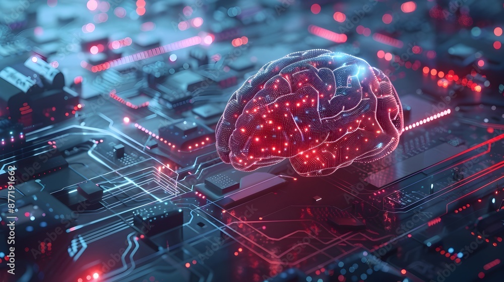 Poster futuristic digital brain with quantum circuitry and artificial intelligence