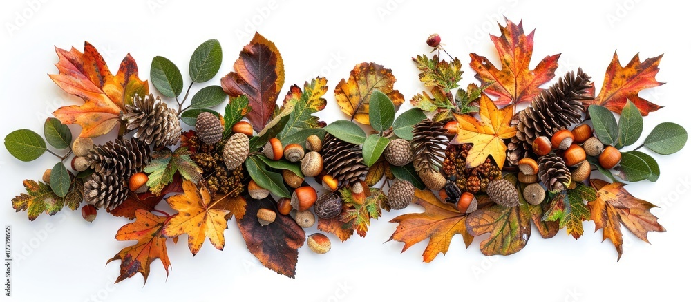 Leinwandbilder autumn themed arrangement with leaves acorns and pine cones on a white background perfect for showca