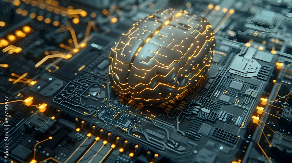 Aufkleber futuristic digital brain with quantum circuitry fusion of and quantum technology